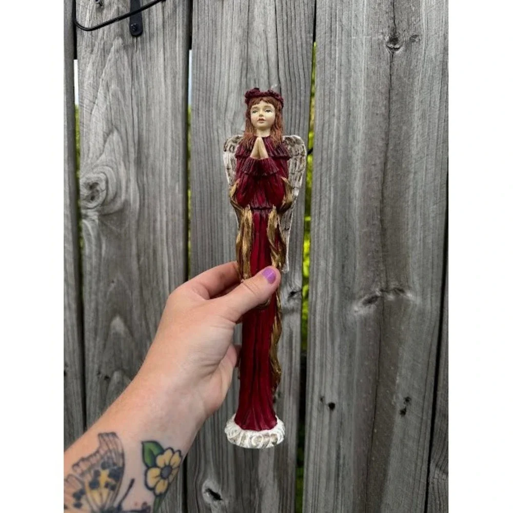 Angel Christmas Decor Figurine Burgundy Red Gold Rustic Praying Statuette